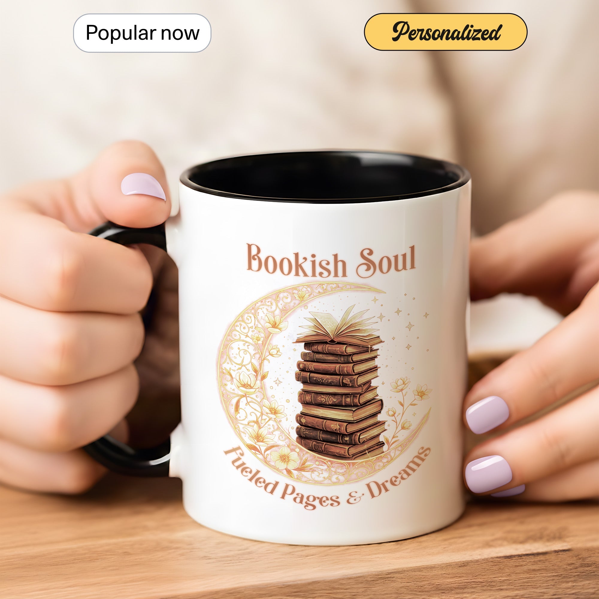 Bookish Soul Mug – Stacked Books Coffee Cup – Literary Aesthetic Gift – Reader Mug 11oz 15oz Ringer | Muug 140