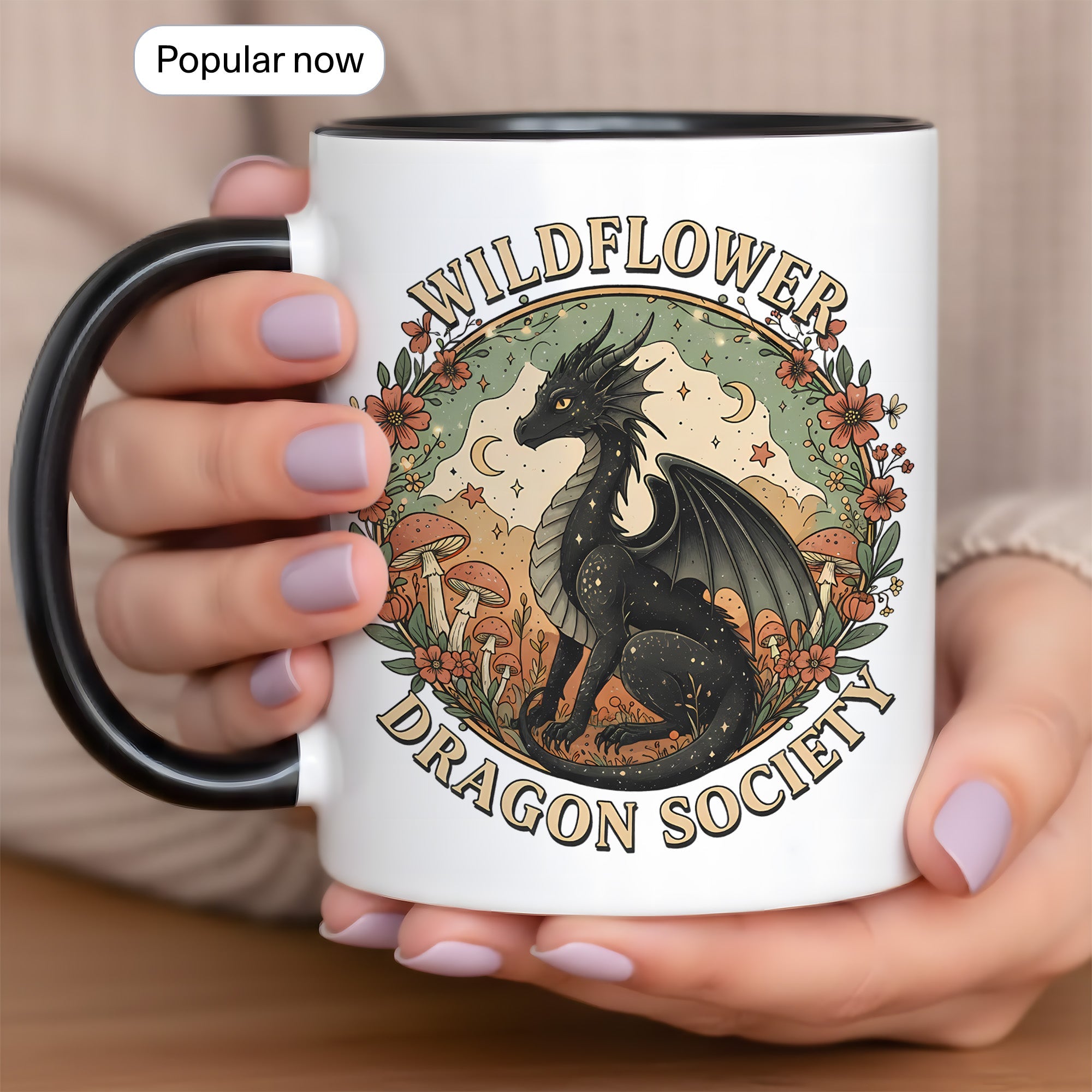 Wildflower Dragon Society Mug – Fantasy Dragon Lover Gift – Cottagecore Coffee Cup – Mythical Art Mug 11oz 15oz Ringer |Mug 131