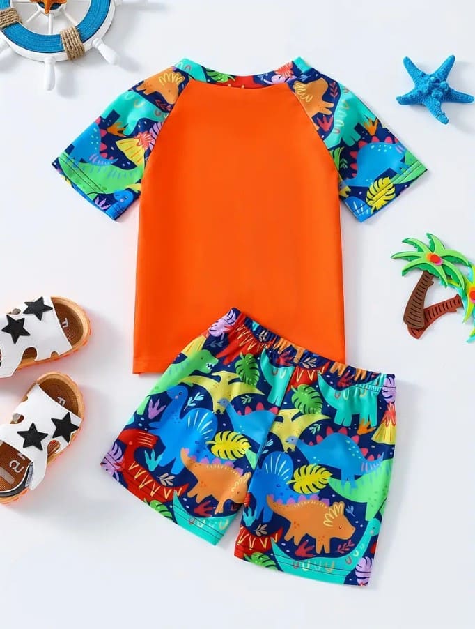 Vibrant Dino Themed Jersey Shorts Set for Kids