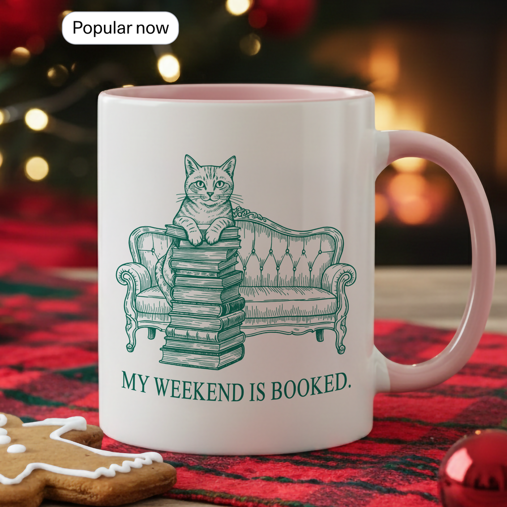 My Weekend Is Booked Mug – Cat Reading Coffee Cup – Book Lover Gift – Funny Introvert Mug – 11oz 15oz Ringer Mug |Mug 134