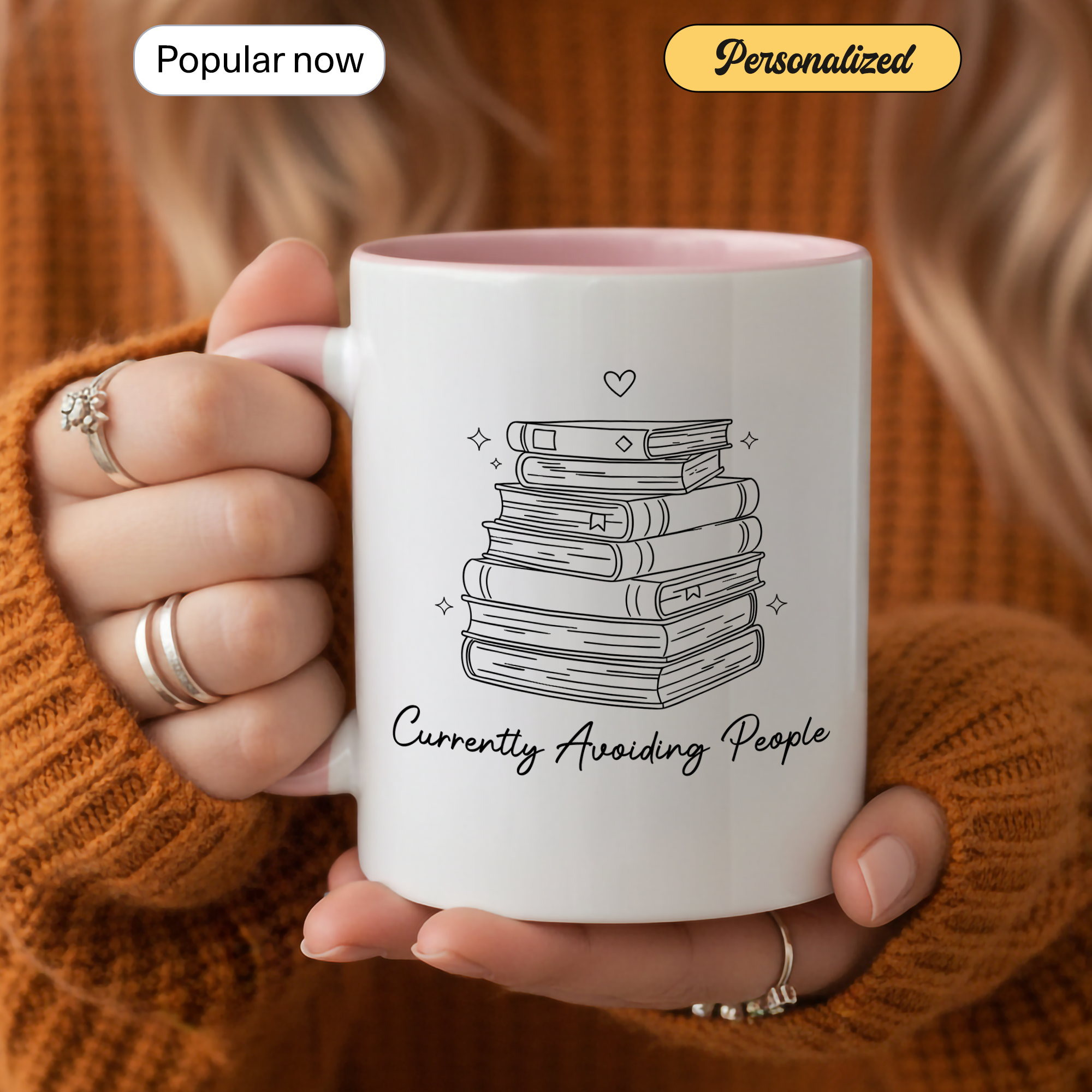 Cozy Reading Time Mug – Stack of Books Coffee Cup – Minimalist Book Lover Ringer Mug – Gift for Readers |Mug 98