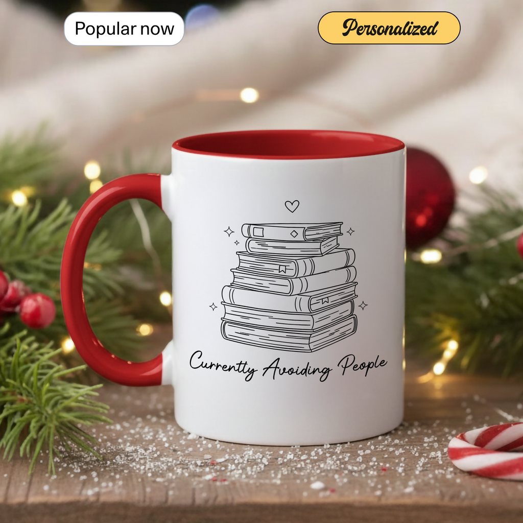 Cozy Reading Time Mug – Stack of Books Coffee Cup – Minimalist Book Lover Ringer Mug – Gift for Readers |Mug 98