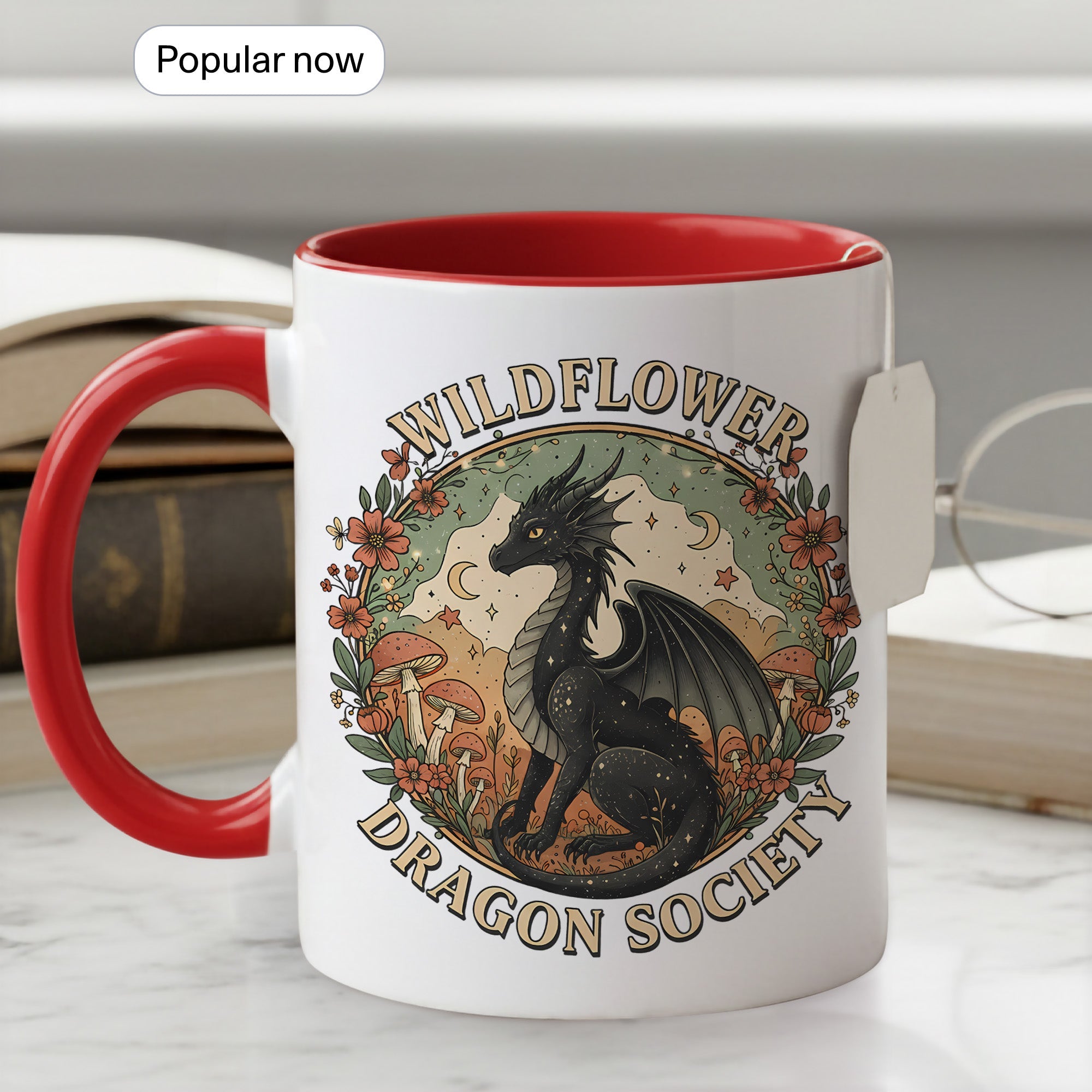 Wildflower Dragon Society Mug – Fantasy Dragon Lover Gift – Cottagecore Coffee Cup – Mythical Art Mug 11oz 15oz Ringer |Mug 131