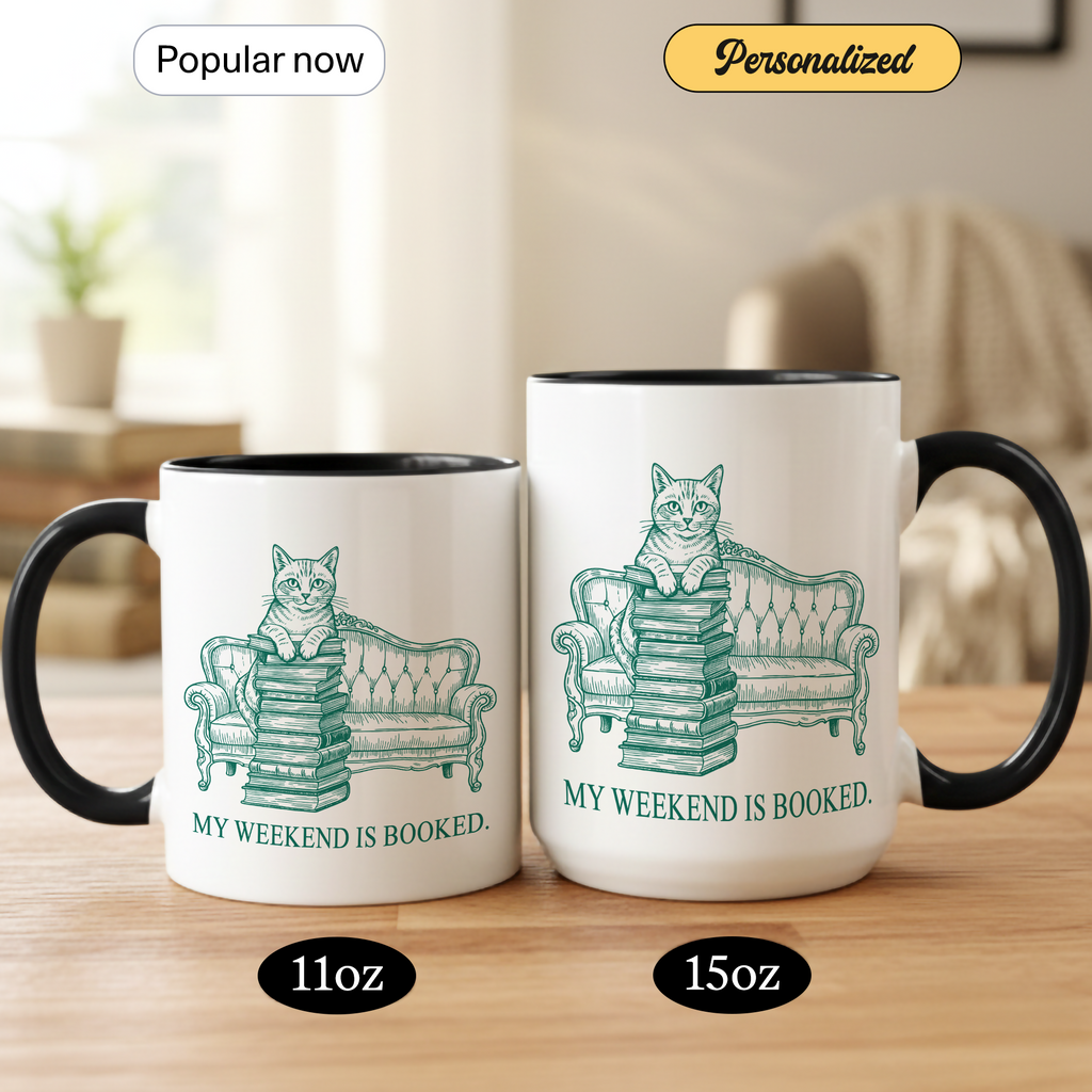 My Weekend Is Booked Mug – Cat Reading Coffee Cup – Book Lover Gift – Funny Introvert Mug – 11oz 15oz Ringer Mug |Mug 134