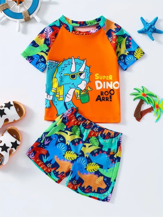 Vibrant Dino Themed Jersey Shorts Set for Kids