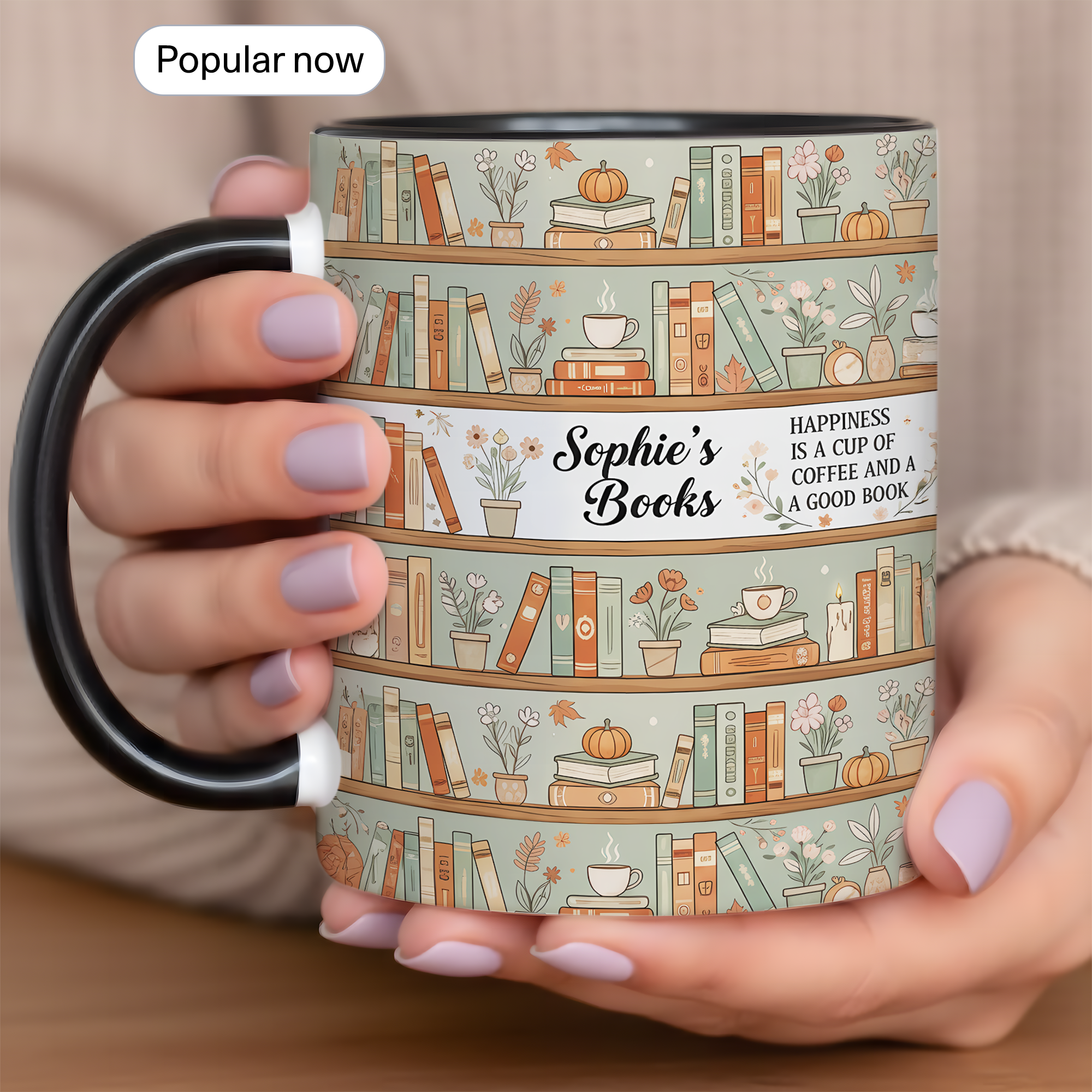 Personalized Book Lover Mug – Custom Name Bookshelf Coffee Cup – Happiness Is Coffee and a Good Book – 11oz 15oz Ringer Mug |Mug 123